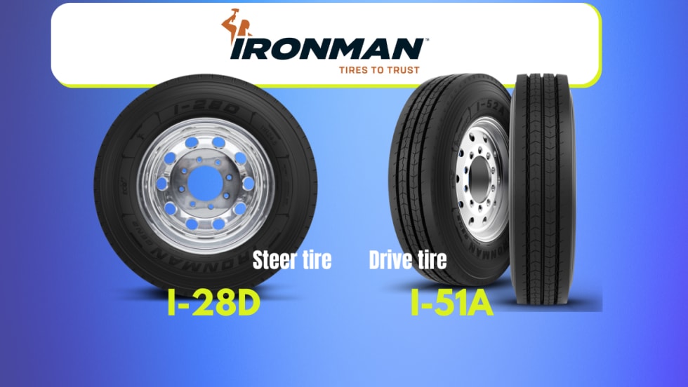 three tires showing tread in front of a blue background and a logo for Ironman Tires.
