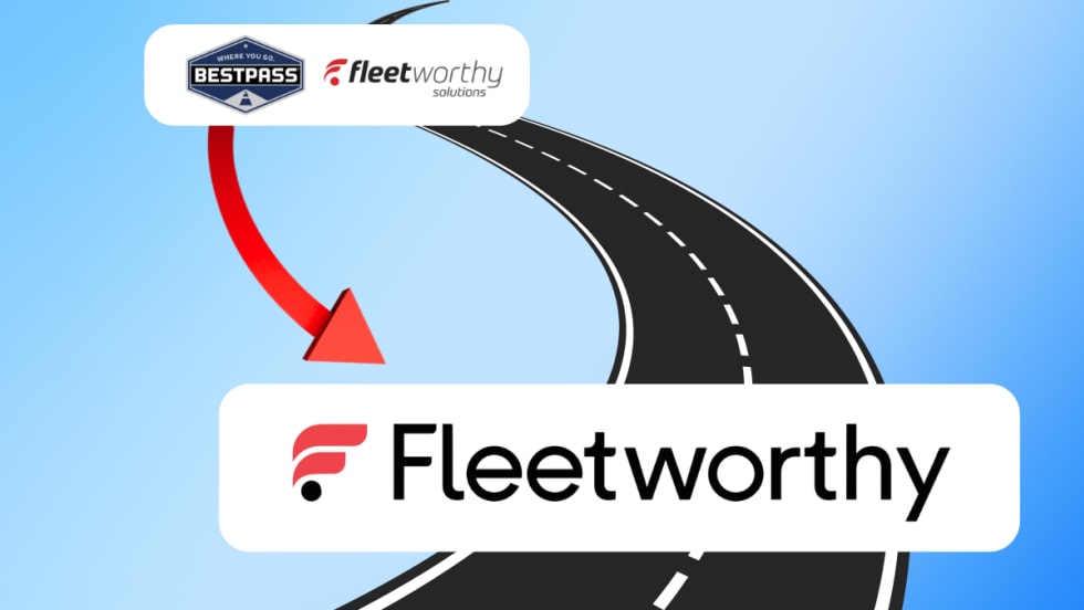 Graphic image of a twisting road with small logo far away for Bestpass-Fleetworthy and a large logo in front for Fleetworthy.