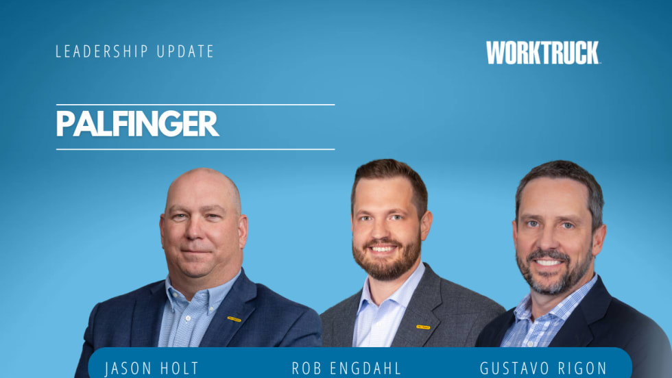Three men in business suits against a blue background and company name of Palfinger in white letters.