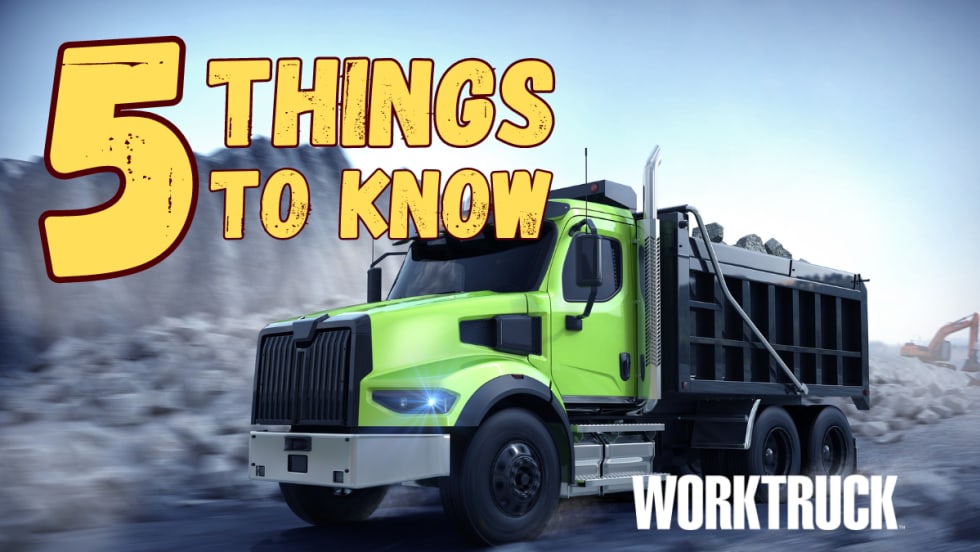 Green dump truck in a work environment with words 5 Things to Know and the Work Truck logo.