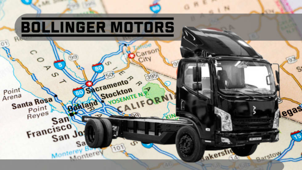 Image of a black chassis cab truck in front of a map of California with Bollinger Motors company name in the upper left area of the image