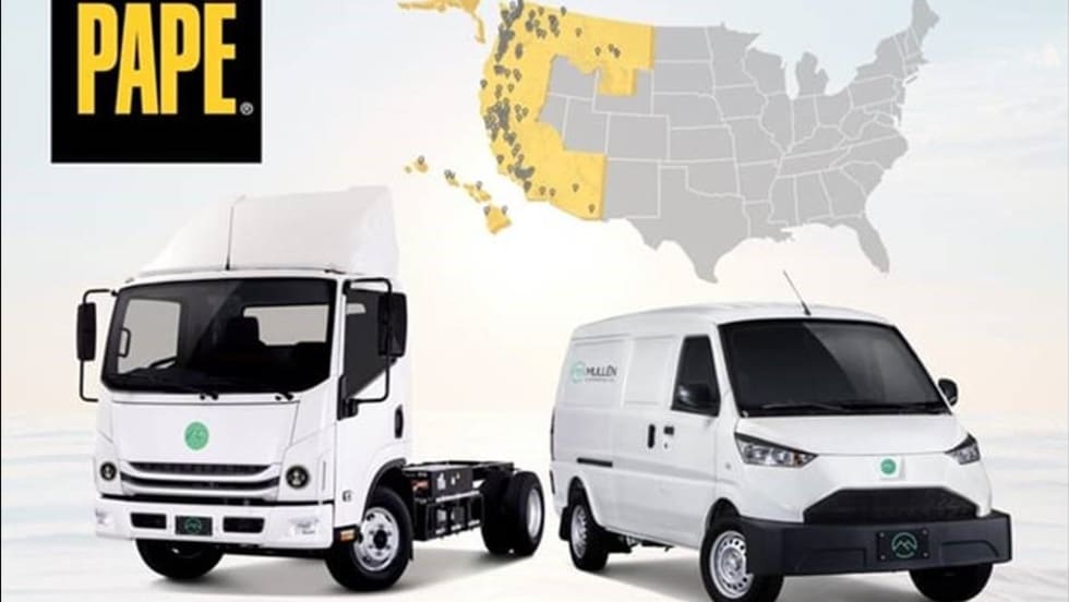 image to two trucks, a map with Western US highlighted in yellow, and logo for Pape Truck.