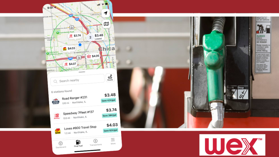image of diesel fuel pump and inset photo of a fuel app on a phone