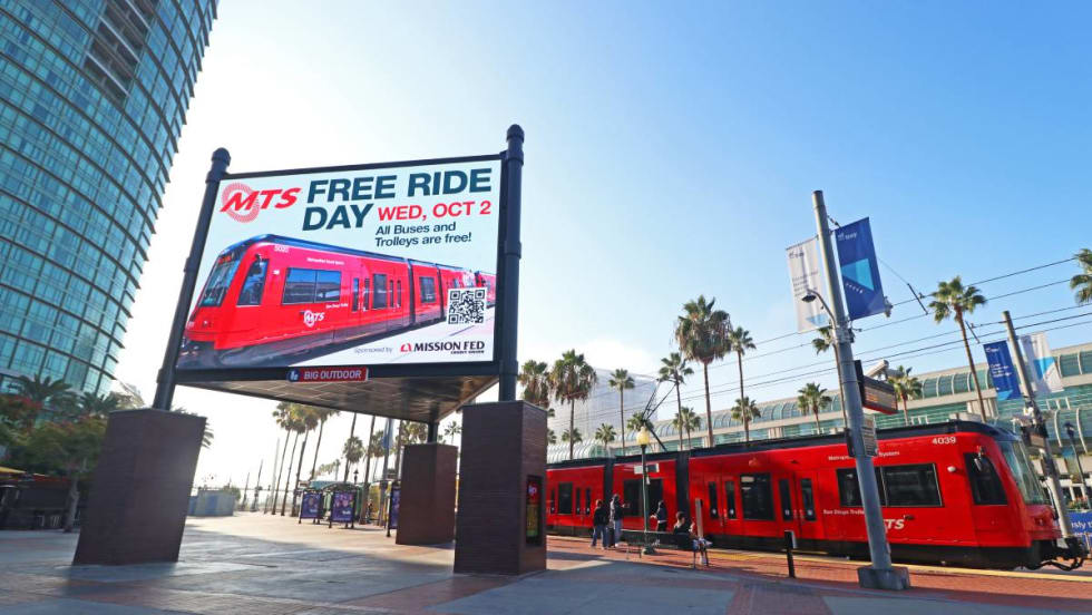 A trolley in San Diego offering free rides on the city's Free Ride Day.