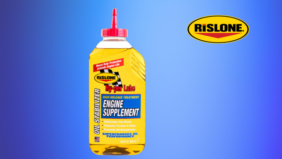 Yellow bottle of oil additive against a blue background and a company logo for Rislone