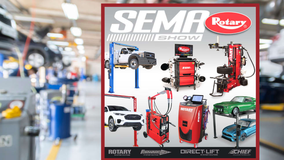 Composite image showing shop tools and vehicle lifts, with company logo for Rotary.