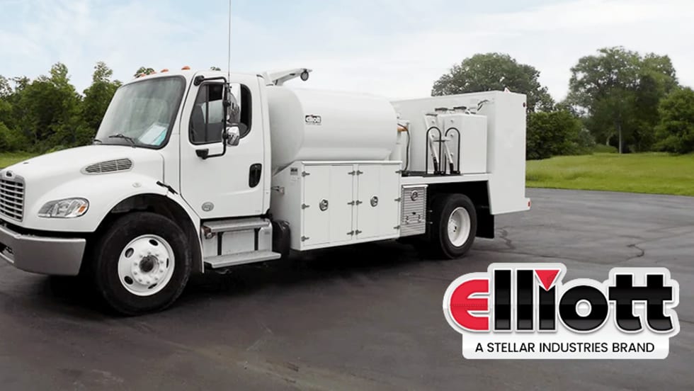 Image of a mobile fuel truck and logo for Elliott Machine Works