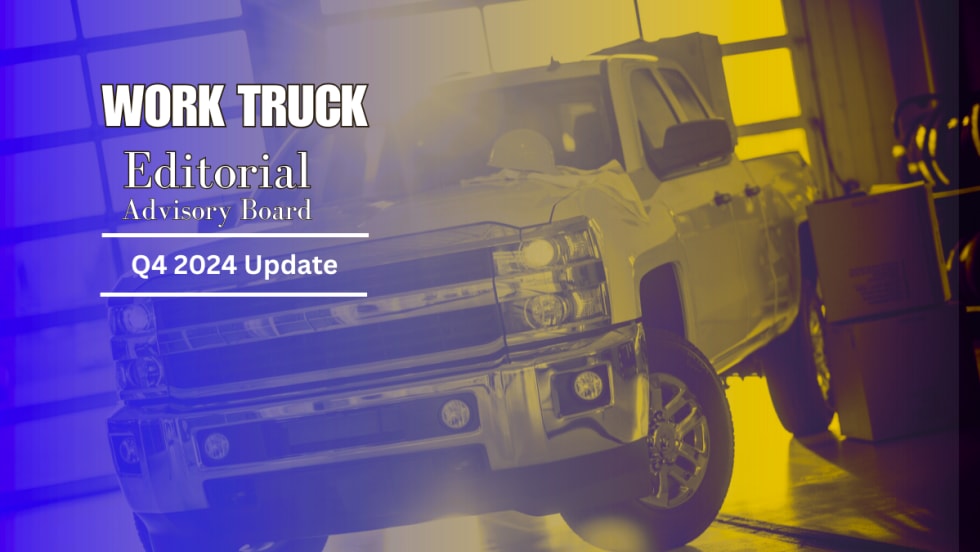 Artsy image of truck with blue and yellow shading, wording for Work Truck Editorial Advisory Board
