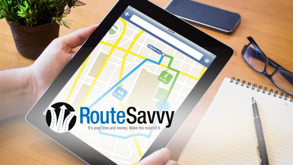 Digital route on tablet with RouteSavvy Logo 