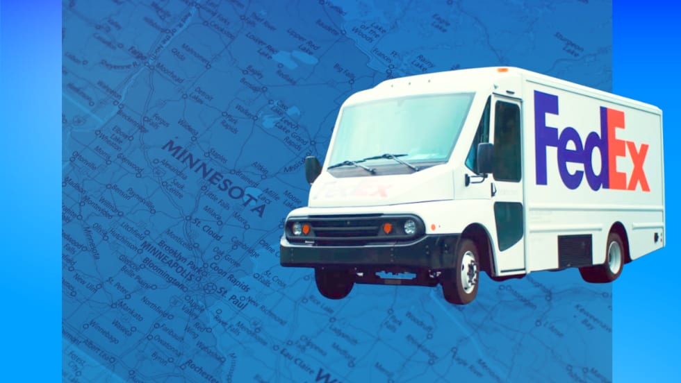White FedEx step van on background of blue tint map of Minnesota.