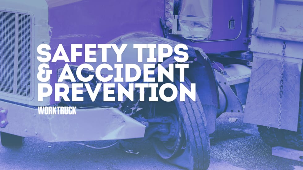 Crashed big rig with Safety Tips & Accident Prevention in bold font