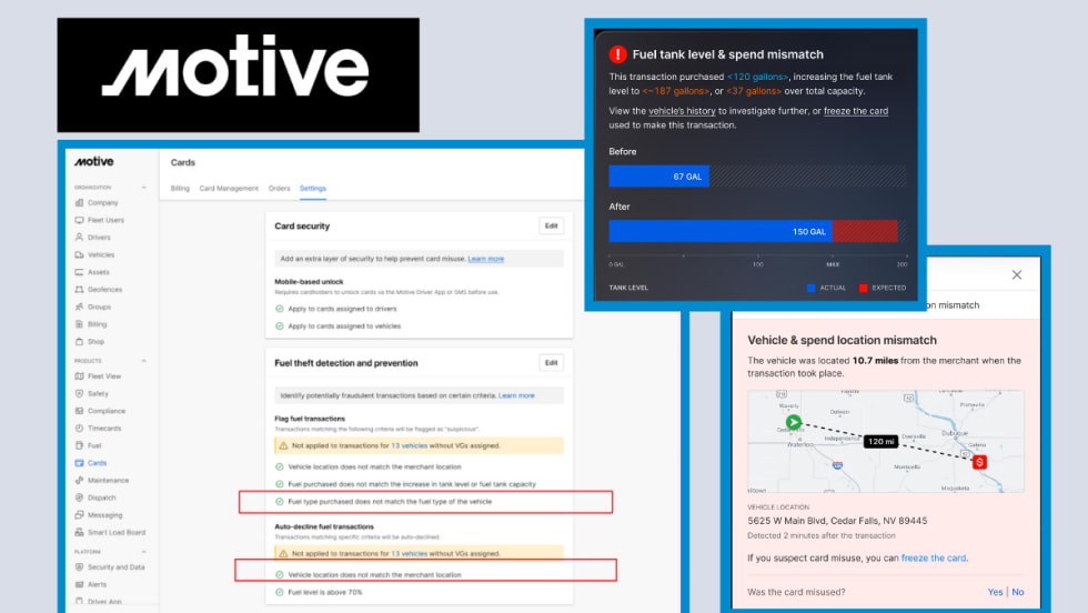 multiple screenshots of Motive's fuel fraud protection app.