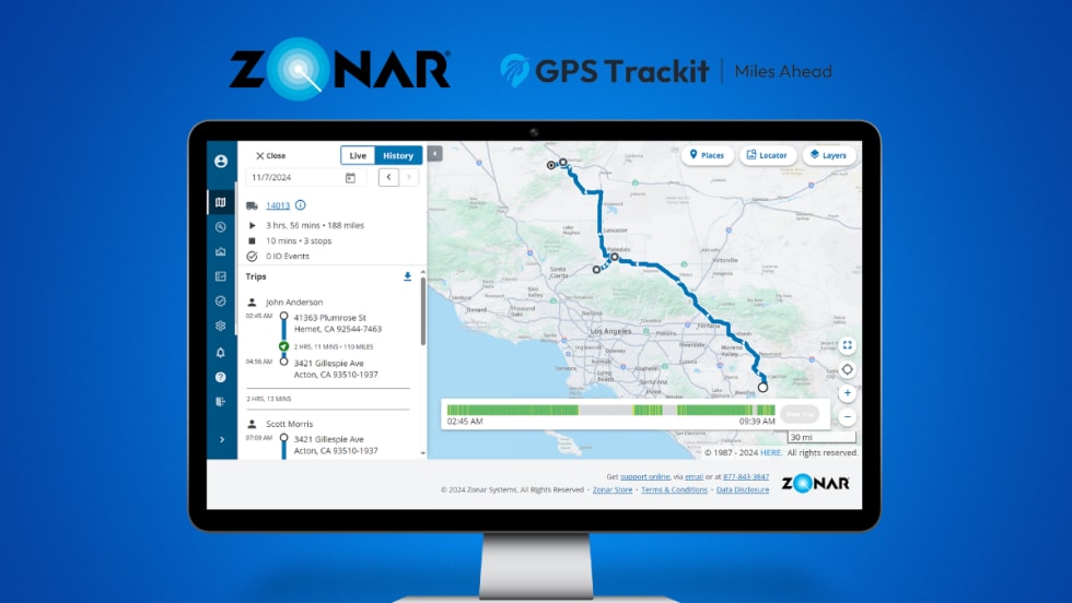 computer screen showing GPS tracking against a blue background with logos for Zonar and GPS Trackit.