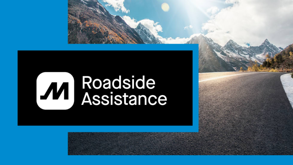 Blue background with inset photo of road in mountains, inset logo of Motive Roadside Assistance.
