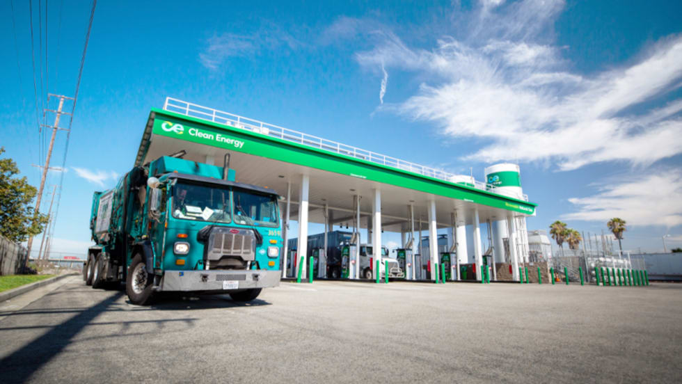 Renewable natural gas fueling station and a large truck.
