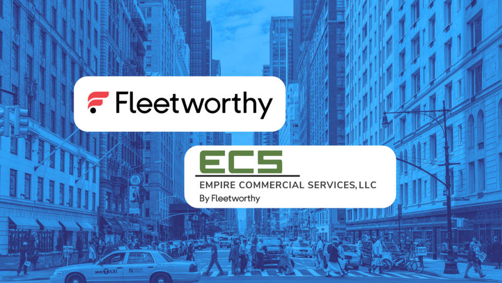 blue-tinted background of New York City street scene with logos in front for Fleetworthy and Empire Commercial Services.