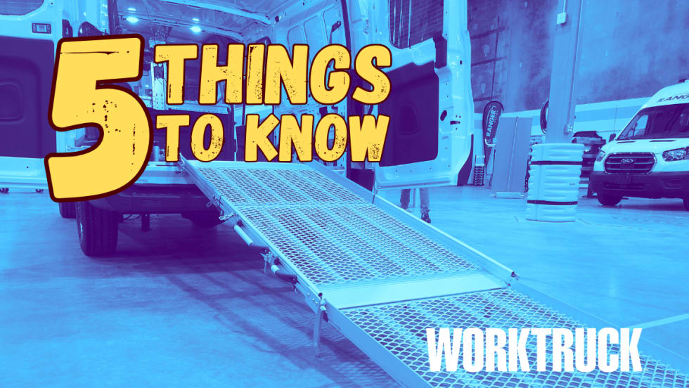 Blue tinted image of a ramp extending out of a cargo van, yellow test saying 5 Things to Know.