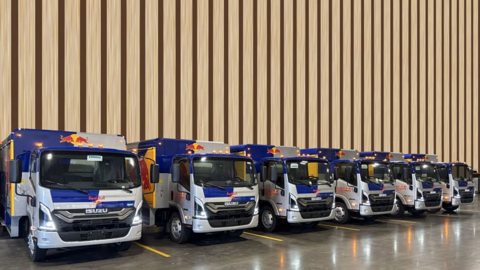 Red Bull's Fleet of Isuzu NRR-EVs.