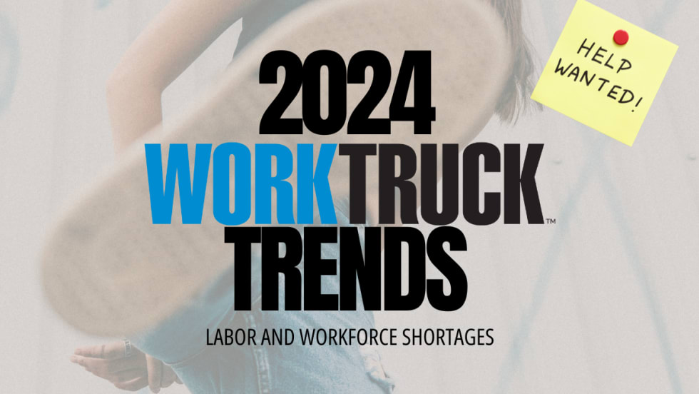 Millennial stomping on 2024 Work Truck Trends with Help Wanted post it