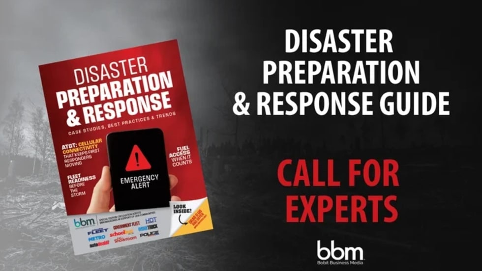 Graphic promoting the Disaster Preparation & Response Guide with a red guide cover, “Call for Experts” text, and Bobit Business Media logo.