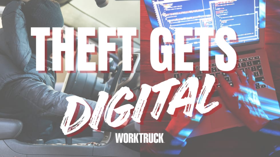 Split image showing a person in a hooded jacket attempting to steal a vehicle on one side and hands typing on a laptop with code on the screen on the other, the rise of digital and cyber-theft