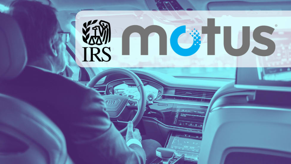 background image of person driving car with graphic logos for IRS and Motus.