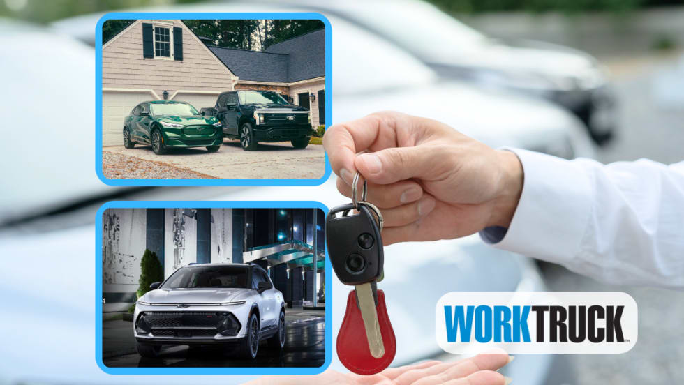 IImage of salesperson handing car keys to a buyer, inset photos of new cars.