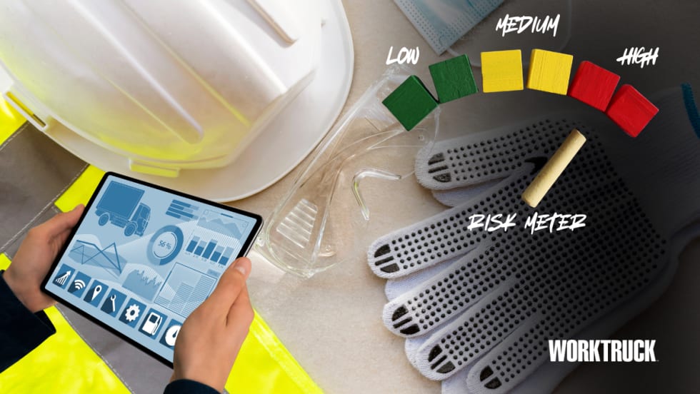 Work Truck image showing safety gear, gloves, hard hat, and a tablet dashboard beside a color-coded risk meter labeled low to high, illustrating how fleet safety and risk management are becoming opera
