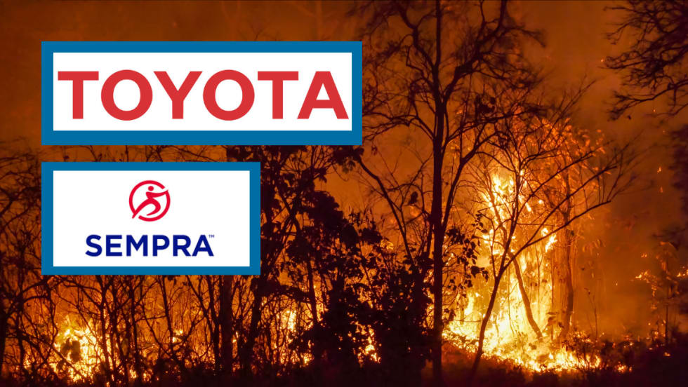 image of wildfire with logo for Toyota and Sempra