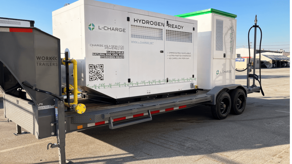 Mobile EV charging trailer powered by natural gas generator parked in a lot.