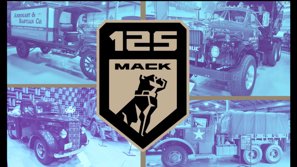 Mack Trucks logo to commemorate 125 years against background photos of historic Mack trucks.