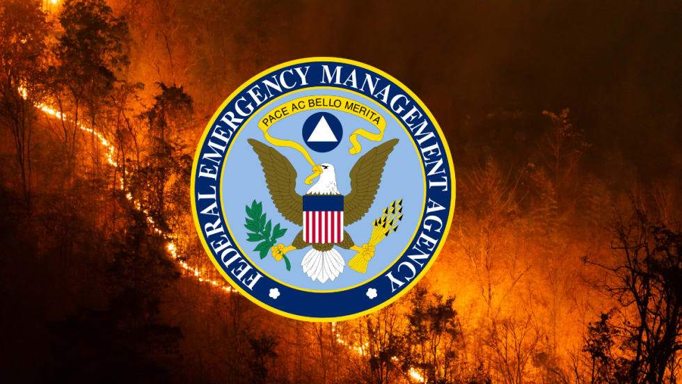 FEMA seal with background of a wildfire