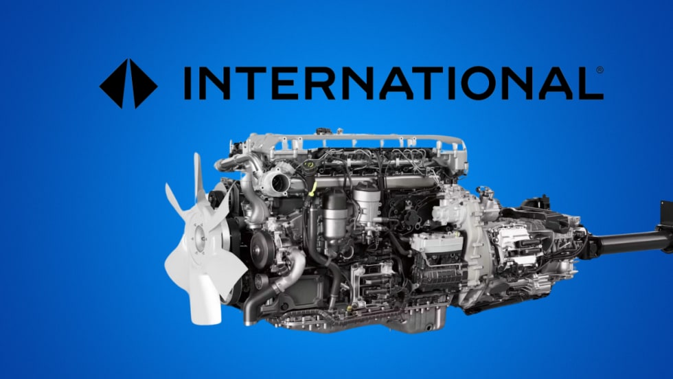 blue background behind image of engine and powertrain, with logo overhead for International.
