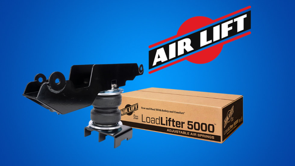 Image of a suspension kit, the box it comes in, and logo for Air Lift, all on a blue background.