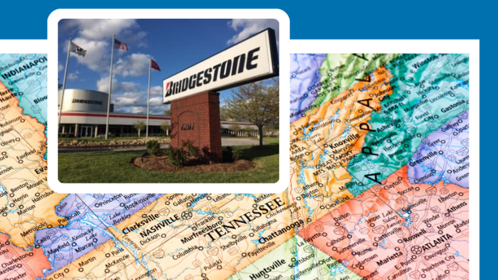 Photo of a Bridgestone manufacturing plan in front of a map of Tennessee.