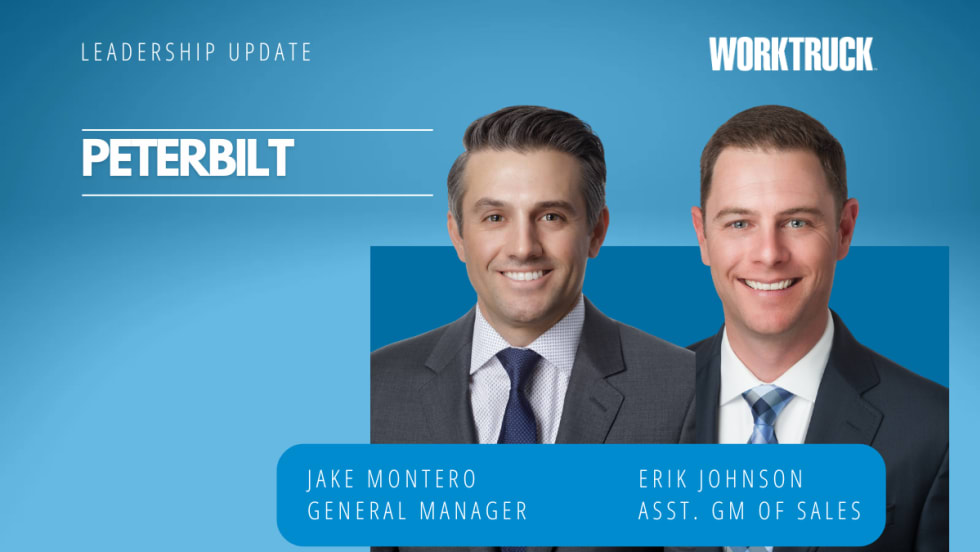 two men in business attire against a blue background and large white letters that say Peterbilt