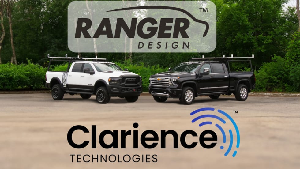 Two work trucks with ladder racks parked, with logo for Ranger Design above and logo for Clarience Technologies below.
