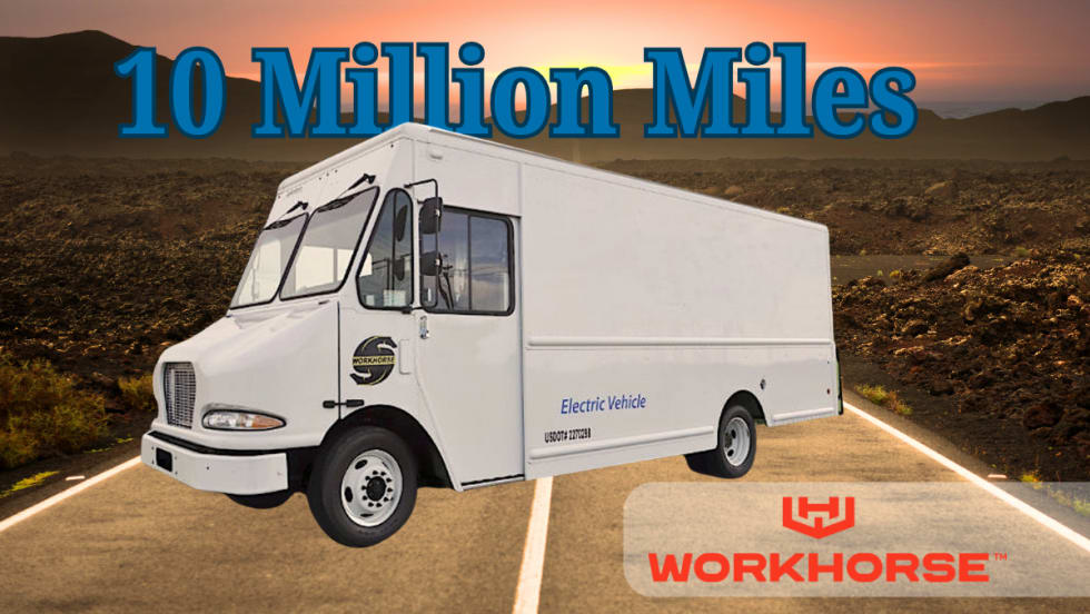 White electric step van against a desert highway sunset with blue lettering 10 Million Miles at top and Workhorse company logo at bottom.