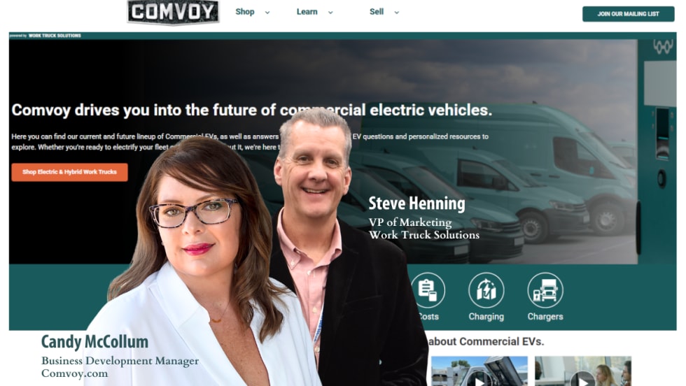 Woman and man in business attire against background of a web page screenshot of Comvoy.com.
