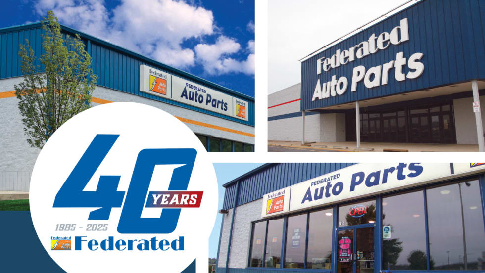 40th anniversary logo for Federated Auto Parts and front entrance photos from three locations.