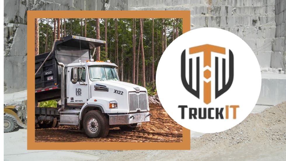 Background quarry image with inset photo of a dump truck and inset logo for TruckIt.