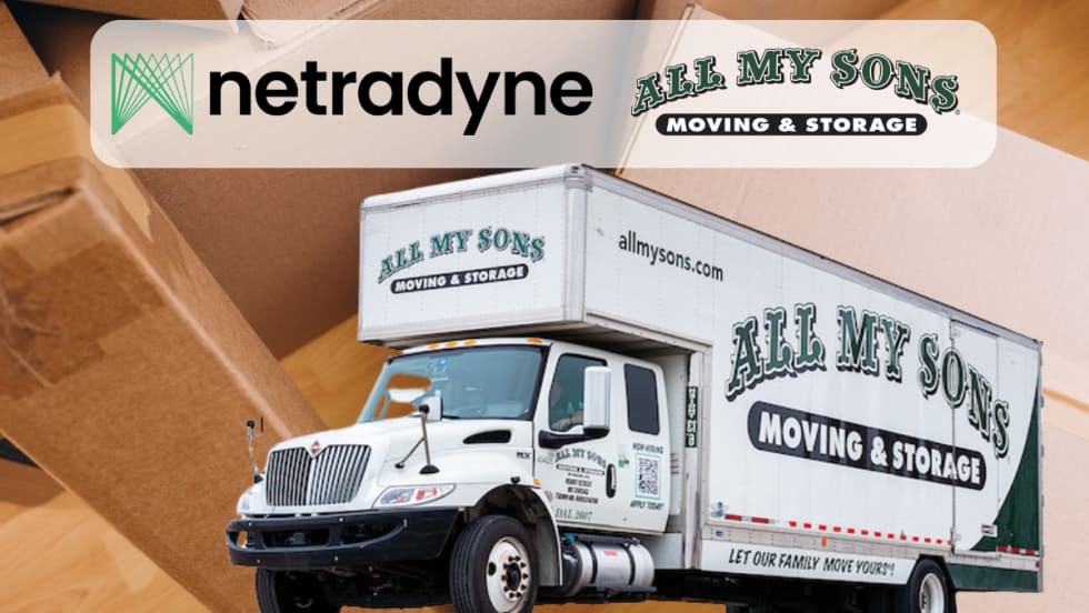 Moving truck positioned in front of background image of moving boxes and company logos inset for Netradyne and All My Sons Moving & Storage.