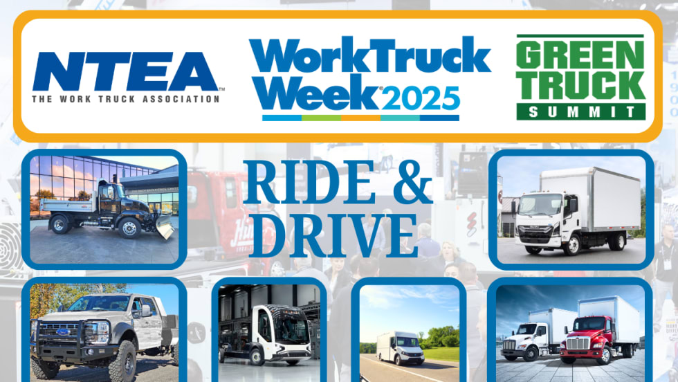 Collage of truck and van photos and logos for NTEA, Work Truck Week, and Green Truck Summit.