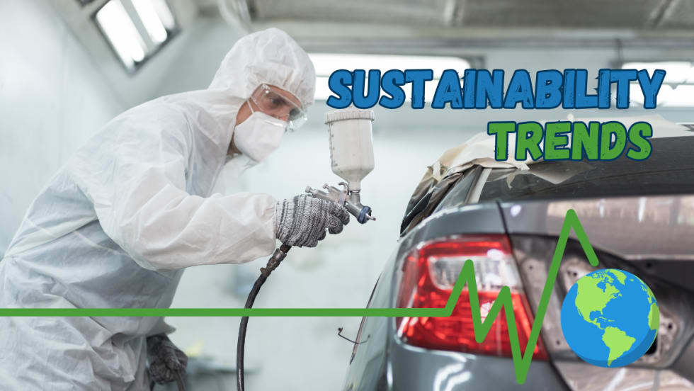 Automotive paint technician spraying paint onto a vehicle with words Sustainability Trends.