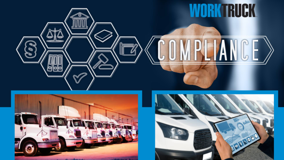 Photo illustration of man touching screen with words compliance and inset photos of fleet vehicles.