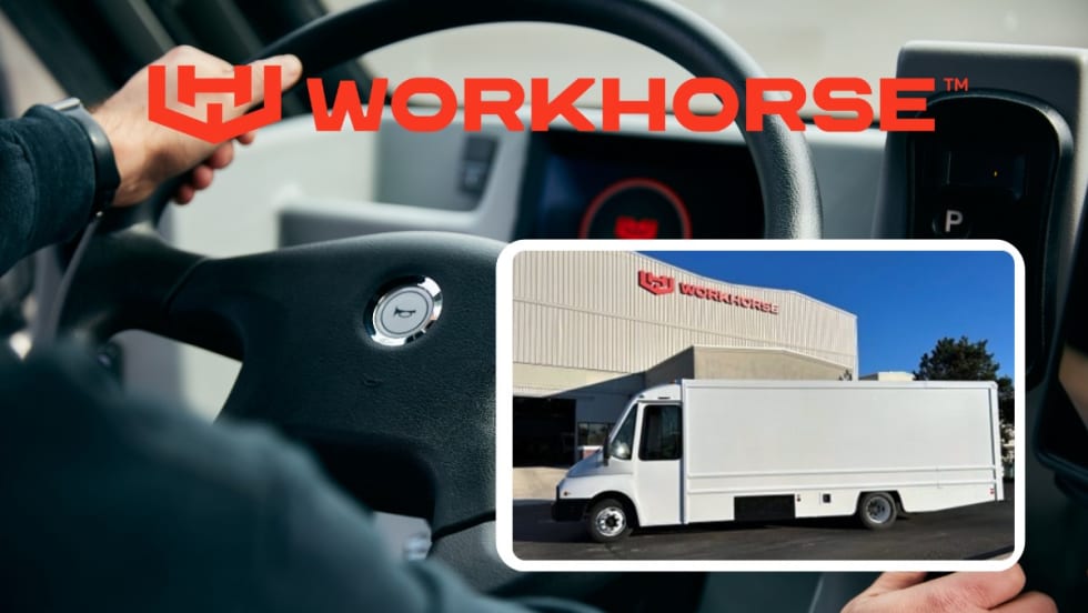 Interior image of hands on steering wheel of a truck and inset image of a white step van.