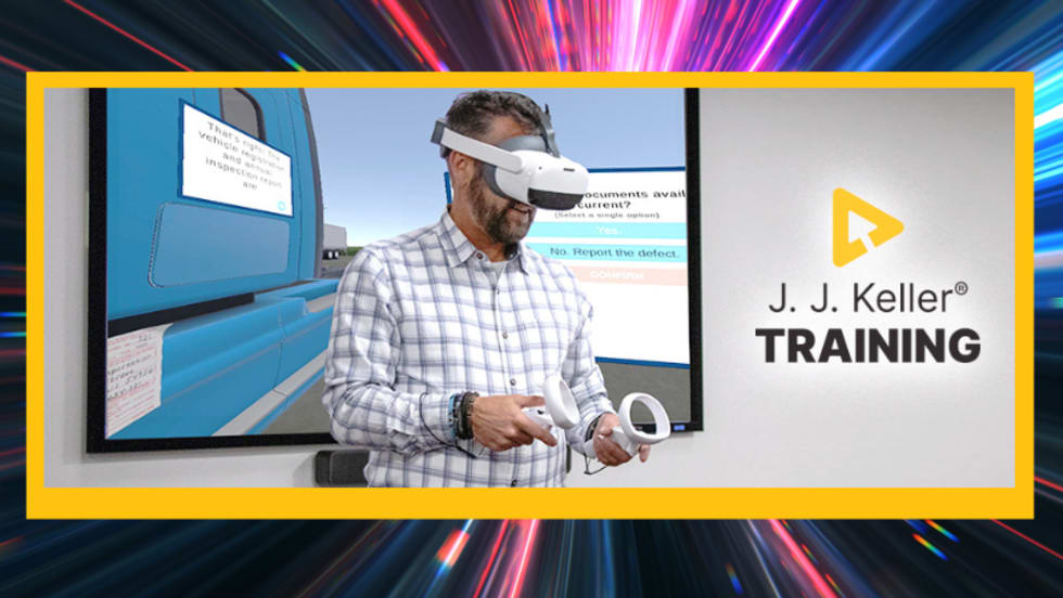 Man using VR goggles and hand controls.
