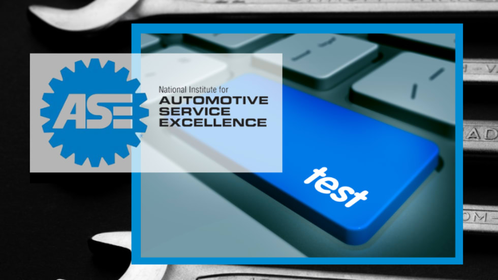 Close-up image of a blue keyboard button with the word test and inset logo for ASE.