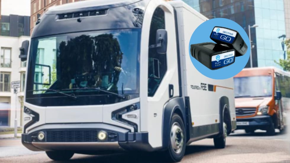 REE electric vehicle with Geotab GO9 devices inset
