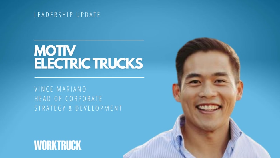 Businessman against a blue background with words that say Motiv Electric Trucks.